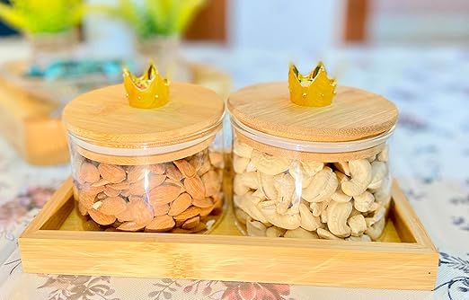 AM3724 Round Borosilicate glass Airtight Dryfruit Jar With Pinewood Tray 2+1PCS