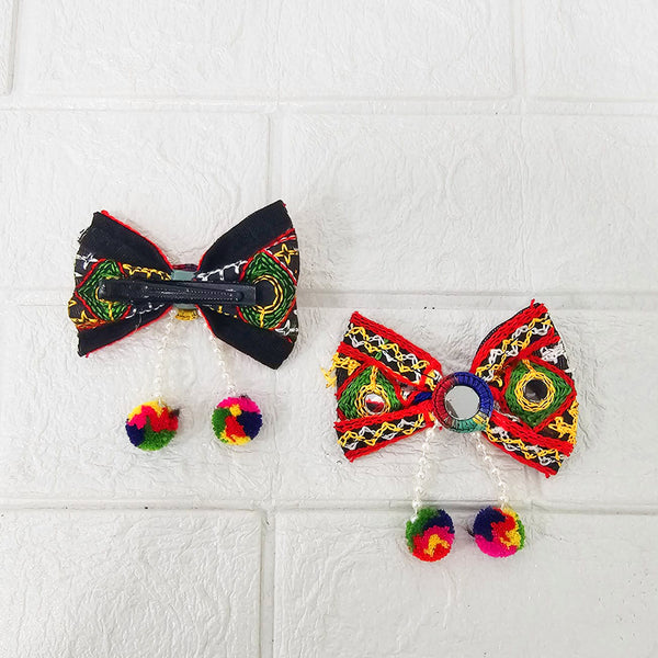 Di0041 Navratri Multicolor Embroidered Bow Hair Clip with Mirror Work & Pom-Pom Danglers [Pack of 2]