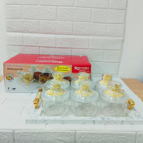 Di0152 Rishabh Super Rado Multipurpose 6 Jar Set with Marble-Look Tray & Golden Handles