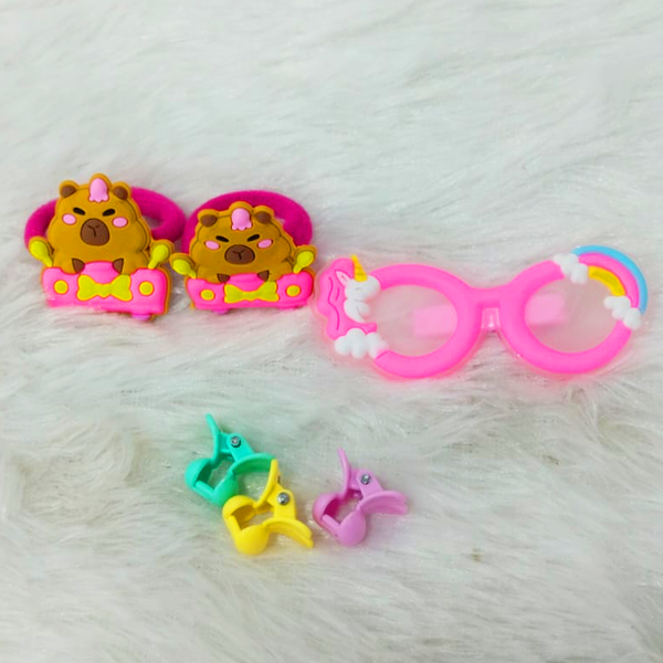 AM6218 Kids Cartoon Hair Accessory Set – Cute Goggles Hairpin, Bear Hair Bands & Mini Hair Clutchers