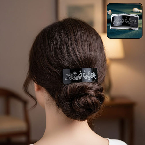 AM6389 Mix-Design Black Barrette with Engraved Dual Peacock Design