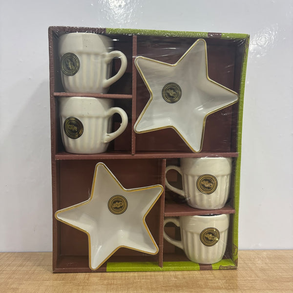 A07844 PRIME NUTS 6 Pcs Ceramic Tea Cup & Star Bowl Set (4 Cups + 2 Star-Shaped Platters)
