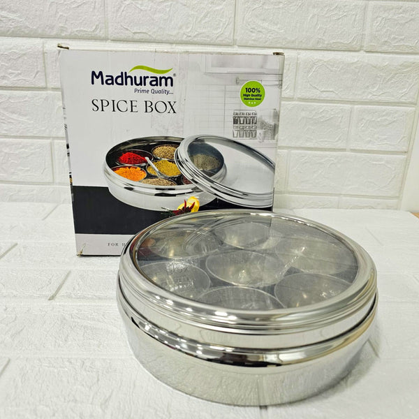 AM6005 Stainless Steel Spice Box with Glass Lid & Spoon – 7 Spice Containers