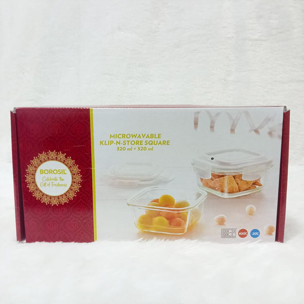 AM6185 Borosil Klip n Store Square Glass Container Set of 2pc (320ml+520ml)