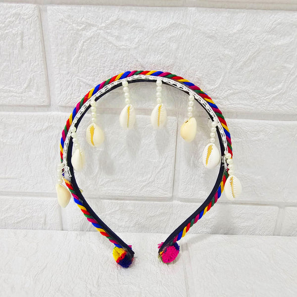 Di0042 Navratri MIx Design Colorful Braided Hairband with Cowrie Shells & Pom-Pom Ends