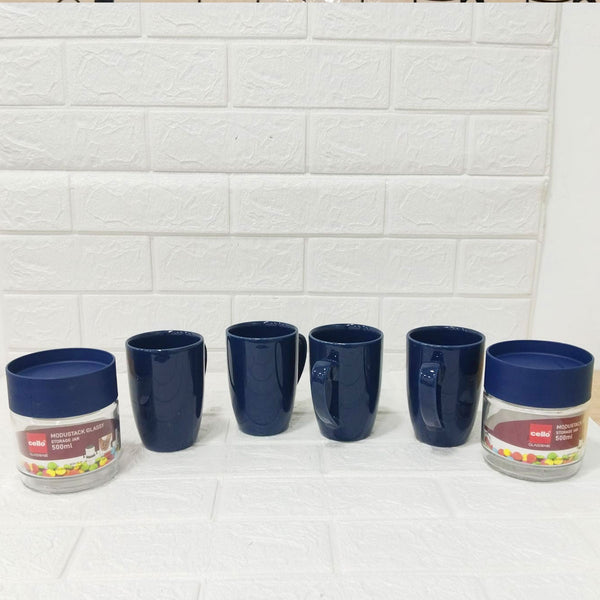 Di0247 Cello Midori Gift Set - 6-Piece Combo with 4 Ceramic Coffee Mugs (230ml) & 2 Glass Storage Jars (500ml)