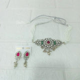 Di0145 Traditional Kundan Choker White Moti Necklace Set with Earrings – Red & Green Stone Design