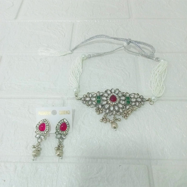 Di0145 Traditional Kundan Choker White Moti Necklace Set with Earrings – Red & Green Stone Design