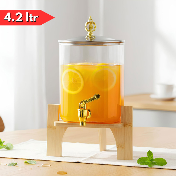 AM6276 High Borosilicate Glass Beverage Dispenser with Wooden Stand 4200 ml – 1 Piece Set