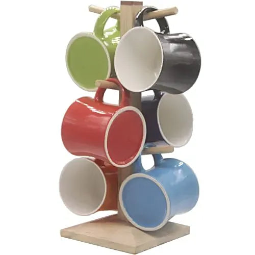 AM2465 Tibros Ceramic Tea Mug with wooden-stand Assorted Multicolour  7 pcs