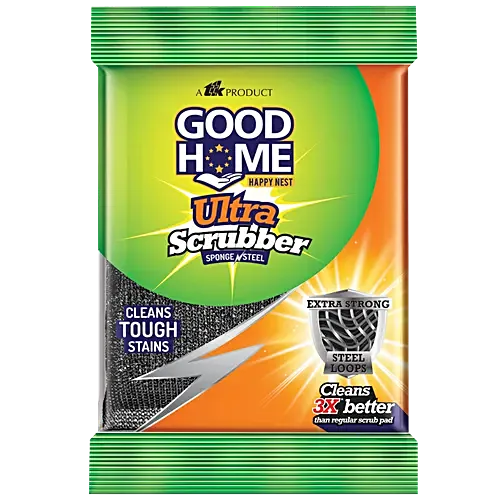 AM2479 Good Home Ultra Sponge Scrub Pad Cleans Touch Stains Extra Strong Steel Loops 1 Pcs