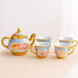 AM6280 Elegant Floral Blue & Gold Ceramic Tea Set with Teapot and 4 Cups – Premium Vintage Design