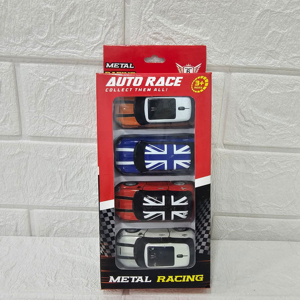 AM6042 Set of 4 Mini Cooper Die-Cast Model Cars – Union Jack & Racing Stripe Designs