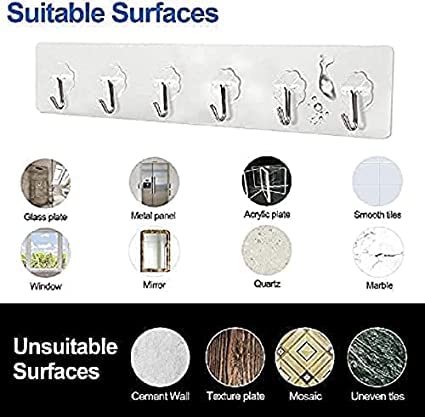 AM2141 Traceless Strip 6 Hooks for Wall Without Drilling for Home Kitchen Bathroom Bedroom Keys Bag Towels - 6 Stainless Steel Hook with plastic Strip