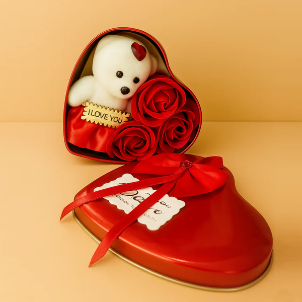 TM0118 Heart-Shaped Metal Gift Tin with Plush Teddy Bear and Scented Rose - Pack Of 1