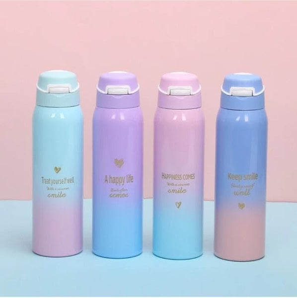 3803 Stainless Steel Insulated Cute Water Bottle Straw Flip Open 500ml