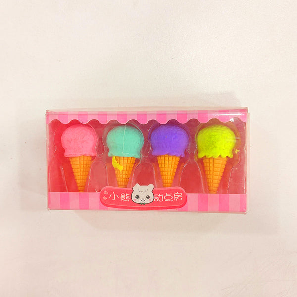 4389 Cone /Donut/ Lolipop/ Ice cream /Eraser for Girls & Boys /Eraser for School B'Day Return Gift Party Doughnut Lollipop Ice Cream Theme Shape Erasers Pencils Set for Kids Educational Stationary kit, School Supplies (1 Set 4 Pc)