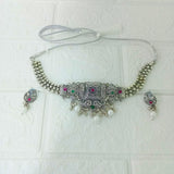 Di0147 Oxidized German Silver Necklace Set with Pearls & Stone Work