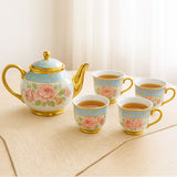 AM6280 Elegant Floral Blue & Gold Ceramic Tea Set with Teapot and 4 Cups – Premium Vintage Design