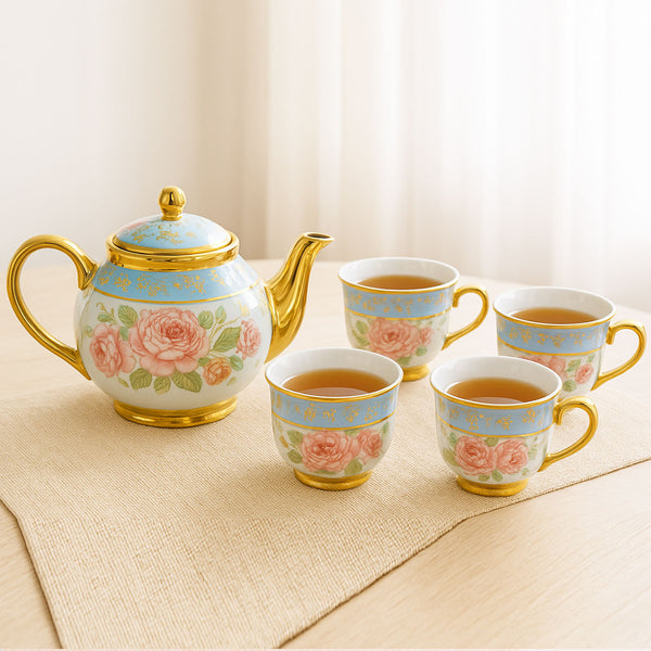 AM6280 Elegant Floral Blue & Gold Ceramic Tea Set with Teapot and 4 Cups – Premium Vintage Design