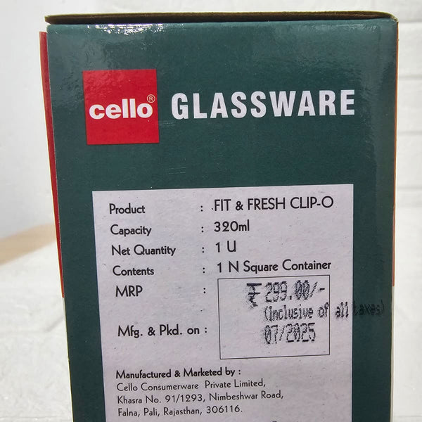 Di0004 Cello Fit & Fresh Clip-O Square Glass Storage Container - 320ml