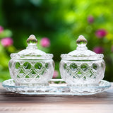 AM5971 Vintage Style Crystal Glass Candy Sugar jar Serving Bowl with Tray, Clear - Set of 3 Pcs