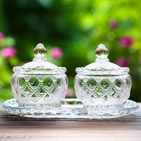 AM5971 Vintage Style Crystal Glass Candy Sugar jar Serving Bowl with Tray, Clear - Set of 3 Pcs