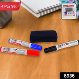 8936 Whiteboard Marker Set (Blue, Black, Red) with Board Duster - Pack of 4