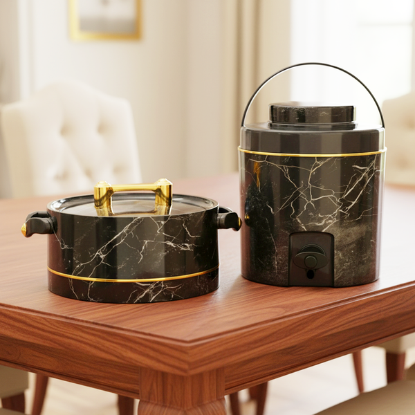 Di0376 Rishabh Tissot Set 2 - Premium Black Marble Finish Water Jug & Hot Pot Combo