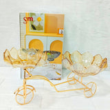 AM6273 Elegant Twin Glass Bowl with Golden Tricycle Stand – Decorative Serving Set