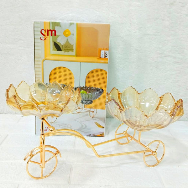AM6273 Elegant Twin Glass Bowl with Golden Tricycle Stand – Decorative Serving Set