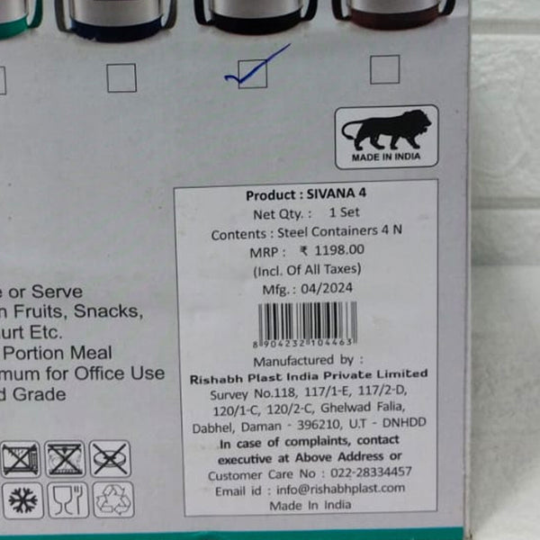 Di0175 Rishabh Sivana 4 Thermo Steel Lunch Box with Virgin Plastic Outer Case | 4 Steel Containers