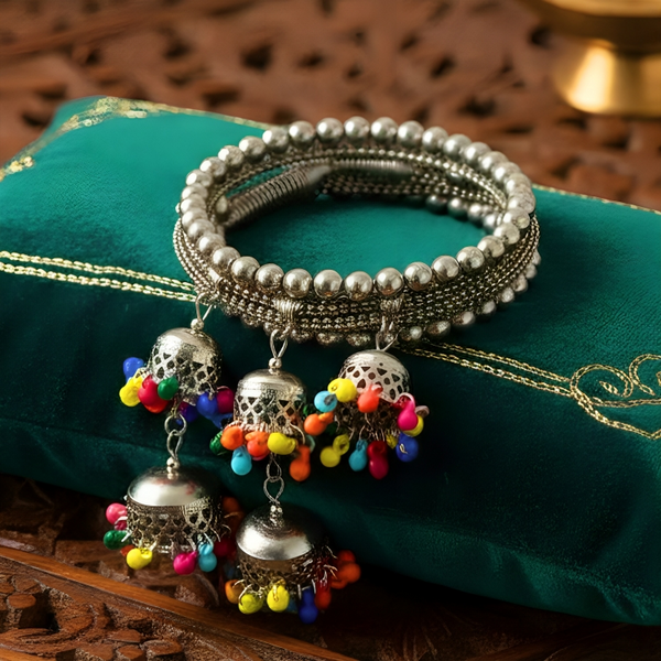 Di0220 Navratri Special Oxidized Silver Bracelet with Colorful Beaded Jhumka Charms