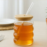 AM6279 Stylish High Borosilicate Glass Honey Jar with Wooden Dipper and Lid (550 ml) – 1 Pc