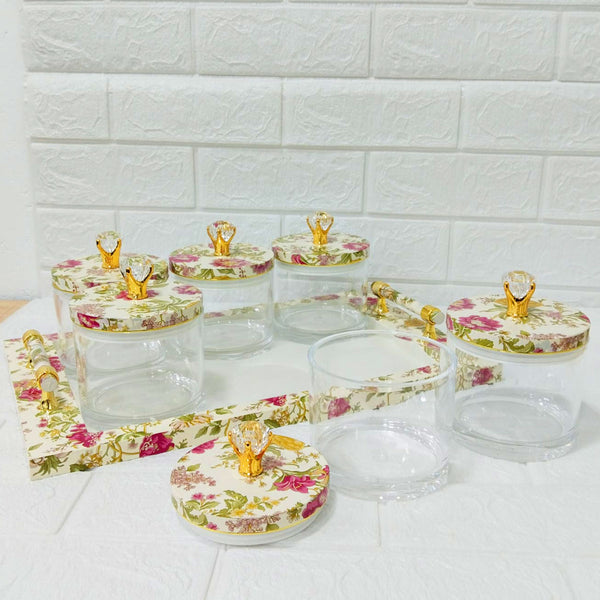 Di0167 Rishabh Super Antique Deluxe Multipurpose 6-Piece Container Set with Tray – Heavy Acrylic Jars with Floral Design & Diamond Knob Lids