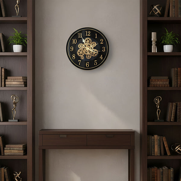 AM6253 Glam Black & Gold Industrial Gear Wall Clock