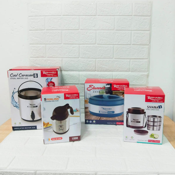 Di0191 Rishabh Big Multipurpose Thermo-Steel 4-Piece Set - Insulated Water Jug, Casserole, Tea Pot, and Lunch Box