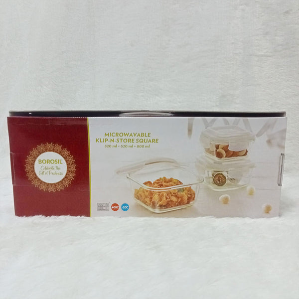 AM6183 Borosil Klip n Store Square Glass Container Set of 3pc (320ml+520ml+800ml)