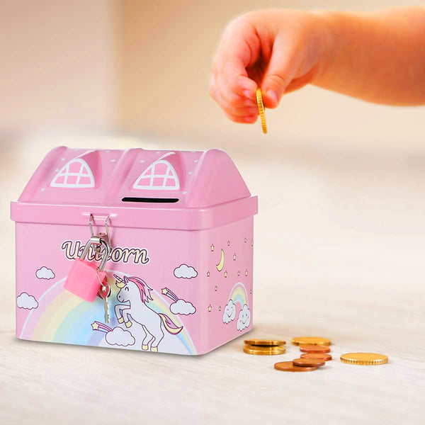 AM5906 Unicorn Hut Shape Piggy Bank for Kids (Multicolor) - Lock and Two Keys