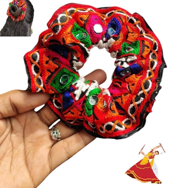 Di0143 Navratri Hand-Embroidered Black and Orange Silk Hair Bun with Pearl Accents