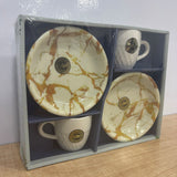 A07841 LOVE LIFE 4-Piece Marble Pattern Ceramic Tea Cup and Platter Set (2 Cups & 2 Platters)