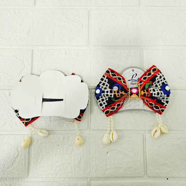 Di0040 Navratri MIx Design Embroidered Bow Hair Clip with Mirror Work & Hanging Shell Beads