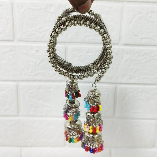Di0220 Navratri Special Oxidized Silver Bracelet with Colorful Beaded Jhumka Charms