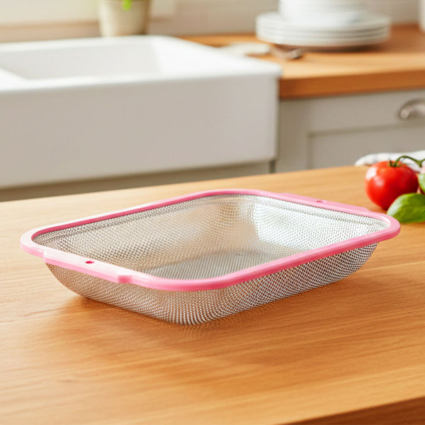 TM0002 Stainless Steel Perforated Strainer Basket with Pink Plastic Rim - Big
