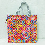 AM6282 Medium Vibrant Geometric & Floral Print Zipper Jute Bag - Reusable Shopping and Carry Bag