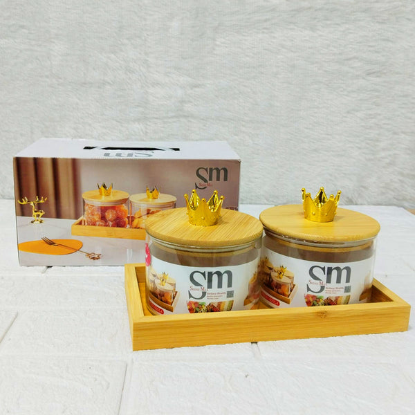 AM6272 SM 2pc Glass Jars with Crown Lids & Serving Tray Set