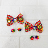 Di0041 Navratri Multicolor Embroidered Bow Hair Clip with Mirror Work & Pom-Pom Danglers [Pack of 2]