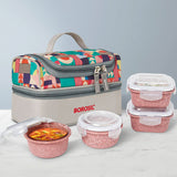 AM6192 Borosil Kube Pink Universal Glass Lunchbox, 320ml x 2 + 240ml x 2