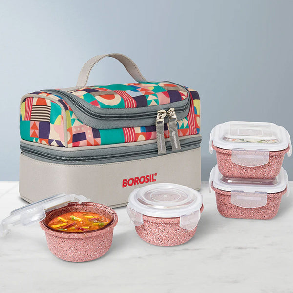 AM6192 Borosil Kube Pink Universal Glass Lunchbox, 320ml x 2 + 240ml x 2