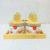 AM3723 Glass Container Jar Bowl With Wooden Deer Lids And Tray 4+1Pcs